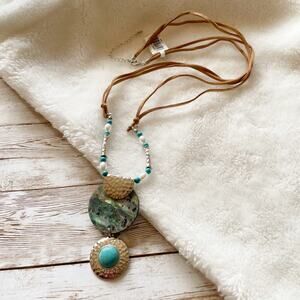 Macy’s Abalone Turquoise Pendant Necklace Silver Tone Long Strand  NWOT